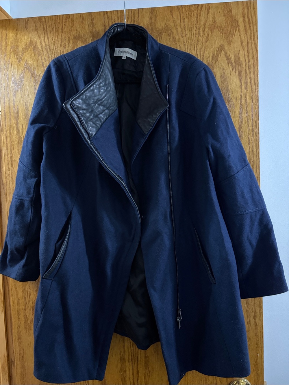 Calvin Klein Navy Wool Trench Coat with Leather-Trim Collar
